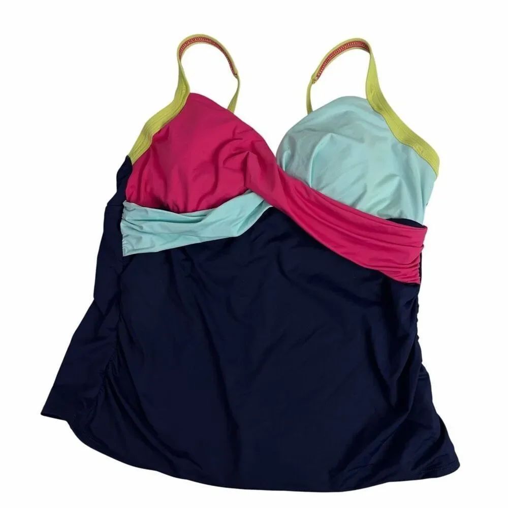 Lands' End Women's Wrap Underwire Tankini Swimsuit Top Size 18 Blue Pink